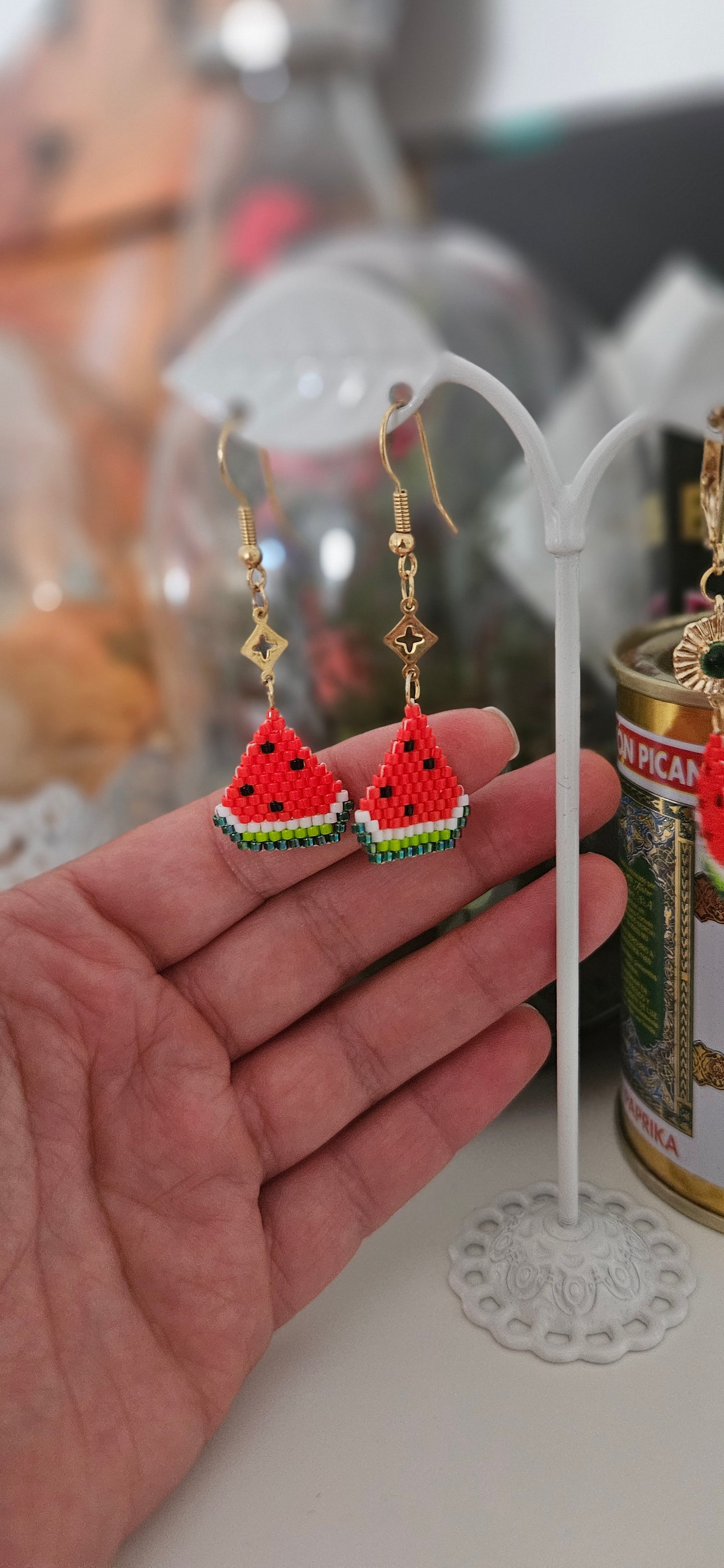 Dangle Drop Hand Beaded Watermelon Earrings