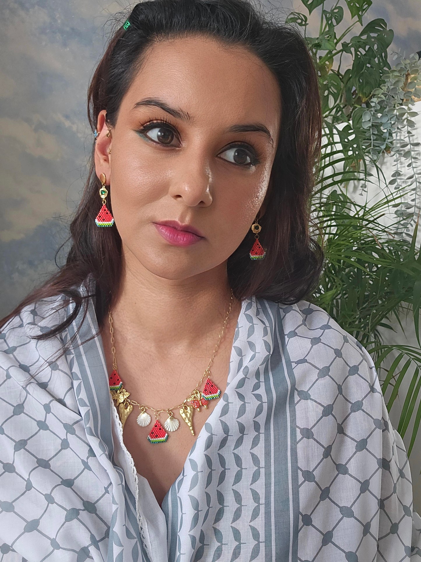 Dangle drop Hand beaded Watermelon Earrings