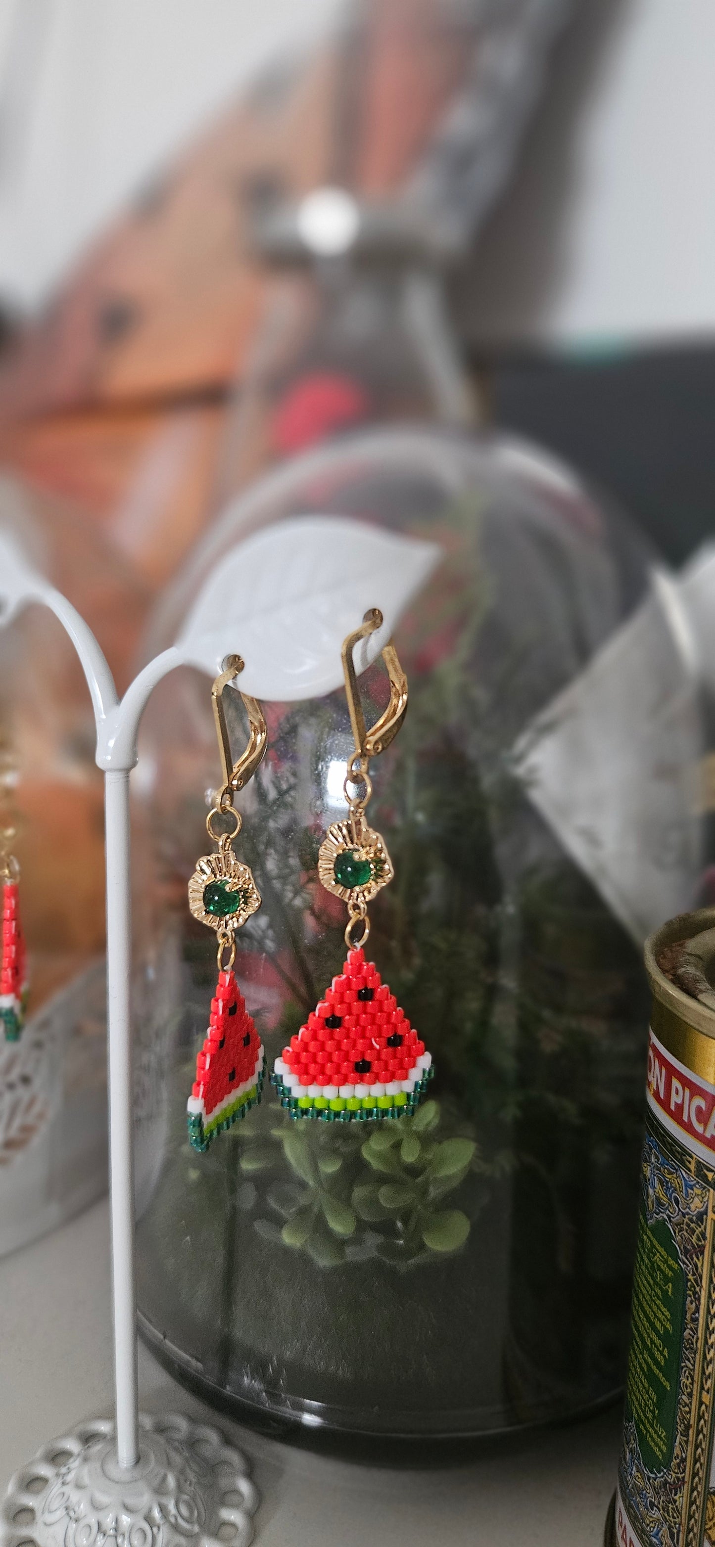 Dangle drop Hand beaded Watermelon Earrings